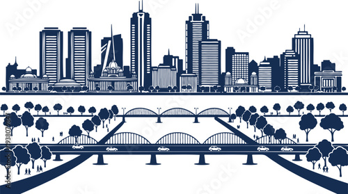 Panoramic cityscape silhouette with modern skyscrapers and a busy multi lane highway bridge crossing a river depicting urban development and transportation infrastructure symbolizing city life