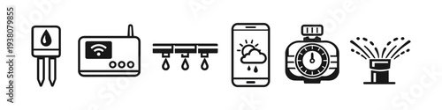 Smart irrigation system icons showing soil sensor, Wi-Fi hub, drip emitters, weather app, timer, and sprinkler