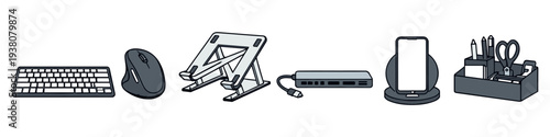 Modern desk accessories collection including keyboard, mouse, laptop stand, and charging station