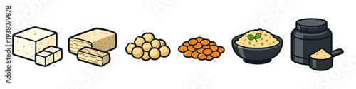Plant-based protein sources including tofu, tempeh, soybeans, lentils, and powder
