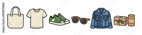 Collection of eco-friendly fashion and lifestyle items displayed in a row