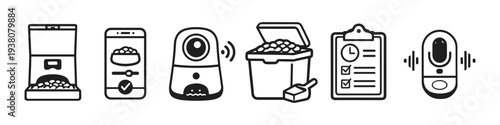 Smart pet care icons: automatic feeder, app control, camera, food storage, checklist, voice assistant