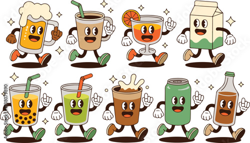A playful collection of retro cartoon drink characters with smiling faces, arms, and legs happily walking