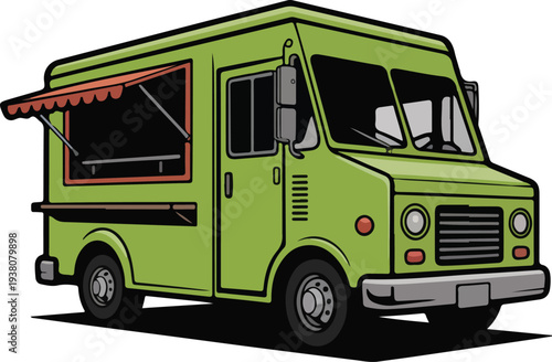 A detailed green food truck with a red striped awning shown from a three quarter perspective