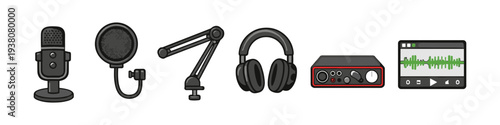 Set of podcasting and audio recording equipment icons on a white background