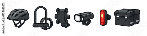 Essential bicycle accessories including helmet, lock, phone mount, lights, and panniers