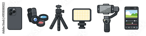 Mobile filmmaking equipment set including smartphone, gimbal, tripod, and lighting