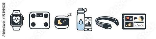Collection of health and fitness tracking devices and icons for a healthy lifestyle