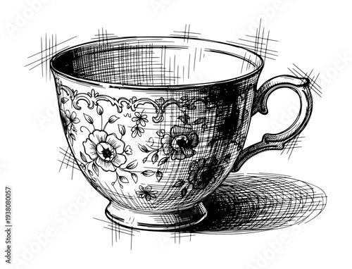 Porcelain Teacup Sketch with Floral Pattern in Black and White Engraving Style