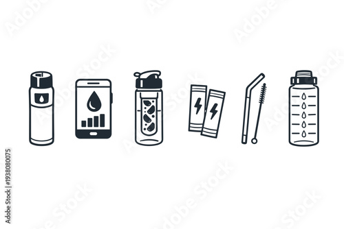 Hydration and wellness icons: water bottle, app, fruit infuser, energy packets, straw, and measuring bottle