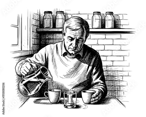 Elderly Man Pouring Drink from Pitcher into Cups Black and White Engraving Style Vector