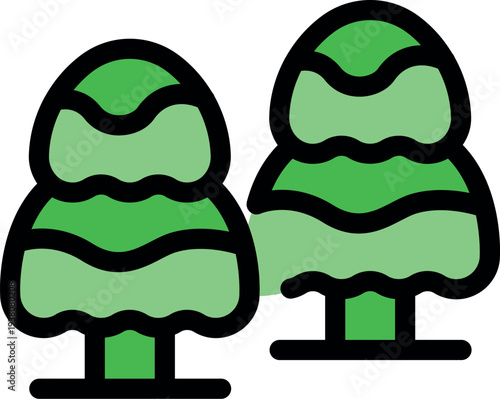 Simple icon of two green stylized trees growing side by side, representing nature, forest, and environment