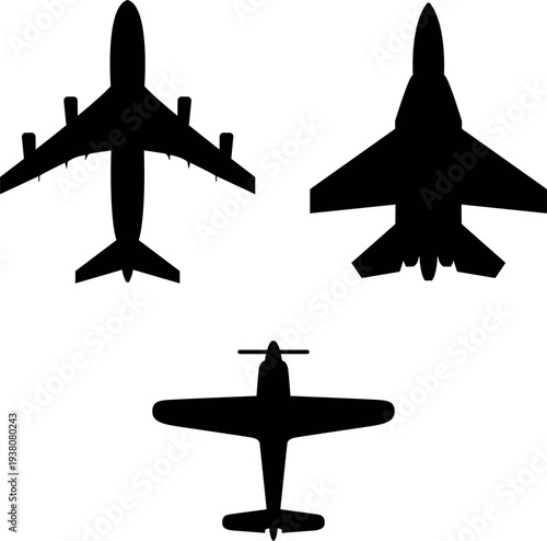 Silhouettes of three aircraft a passenger plane fighter jet and propeller plane