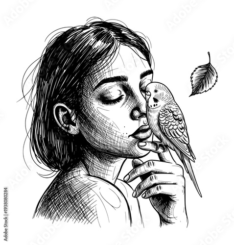 Young Woman with Budgerigar Portrait Black and White Engraving Style Vector