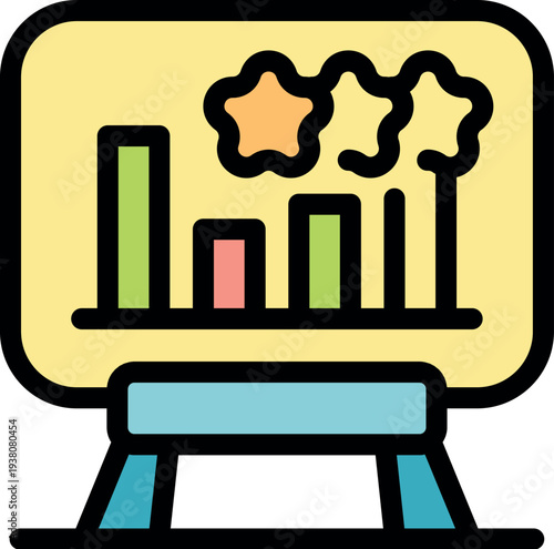 Statistics data is presented on a board, showing positive results and getting a three star rating