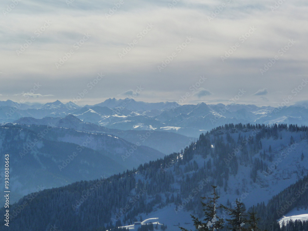 Fototapeta premium Mountain hiking at Brecherspitze mountain, Bavaria, Germany in wintertime