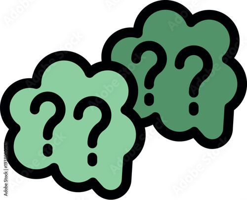Green thought bubbles contain question marks, symbolizing thinking, confusion, and seeking answers