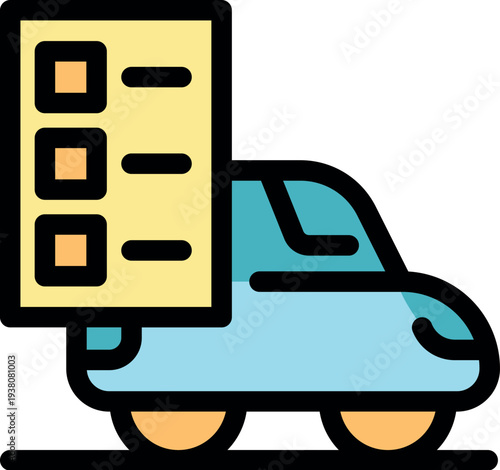 Checklist with checkboxes near a car, symbolizing car inspection, maintenance, or verification