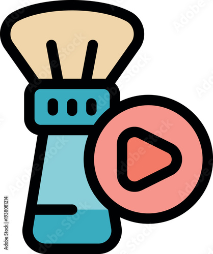 Makeup brush with play button, representing online makeup tutorial videos and beauty vlogging