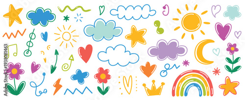 Chalk Kids Doodle Icons Collection, Crayon Pencil Preschool and Kindergarten Elements Featuring Childish Scribble Rainbow, Stars, Flowers, and Crown in Hand Drawn Sketch Style.