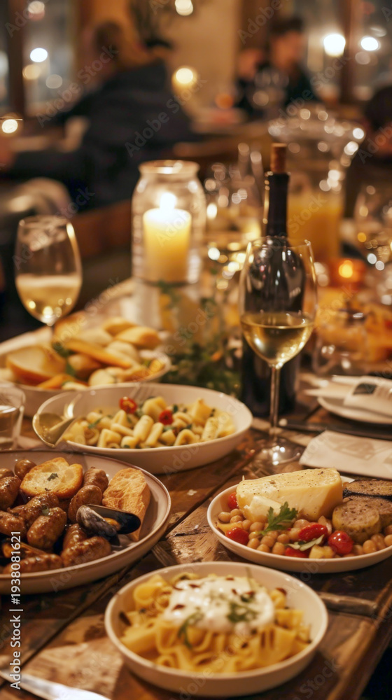 Fototapeta premium Delicious festive dinner feast with variety of italian pasta dishes appetizers and wine served on a rustic wooden table with warm candle light and blurred restaurant background for holidays