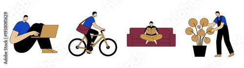 Minimalist Flat Vector Lifestyle and Remote Work Character Element Kit for Modern Wellness Design