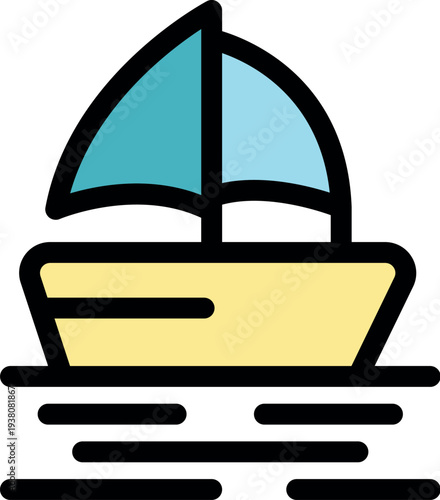 Simple sailboat icon with blue sail and yellow hull sailing on water