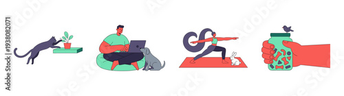 Flat Vector Pet Lifestyle Character Illustration Element Kit for Home Office and Wellness Branding
