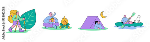 Flat Vector Outdoor Adventure Character Asset Sheet for Camping and Wilderness Recreation Design