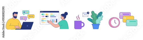 Flat Vector Remote Work and Productivity Character Element Kit for Business Management and Digital Collaboration