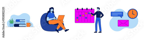 Flat Vector Productivity and Remote Work Character Element Kit for Modern Business Management