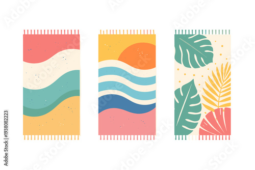 Three colorful beach towels with abstract patterns and tropical motifs