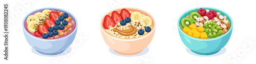 Three colorful bowls of healthy breakfast porridge topped with fresh fruits and nuts