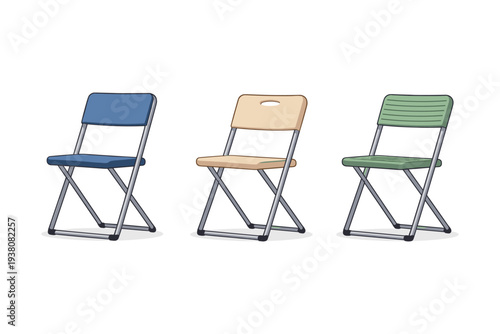Three colorful folding chairs arranged side by side on a white background