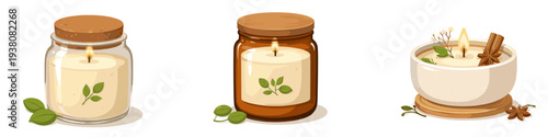 Set of three scented candles in jars and bowl with natural elements