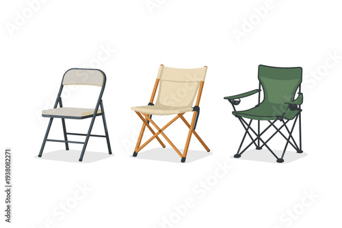Three different styles of folding chairs displayed side by side on a white background