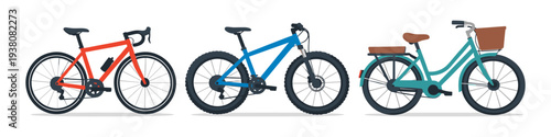 Three different types of bicycles displayed side by side on a white background