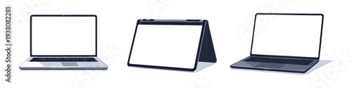Three modern laptops with blank screens displayed in different orientations on a white background