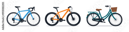 Three different types of bicycles displayed side by side on a white background