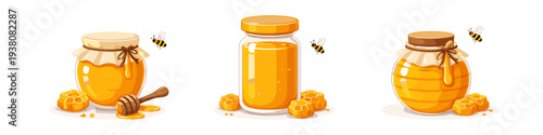 Three jars of golden honey with bees and honeycomb pieces on a white background