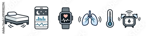 Health monitoring icons: sleep, fitness tracker, lungs, thermometer, and alarm clock