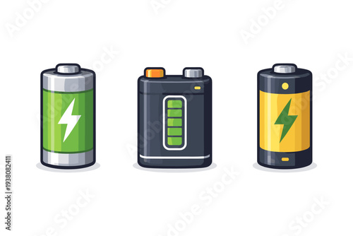 Three different types of batteries with charging indicators and lightning bolt symbols