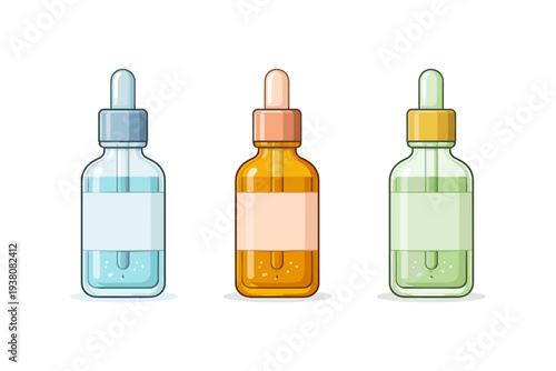 Three dropper bottles with different colored liquids and labels on a white background