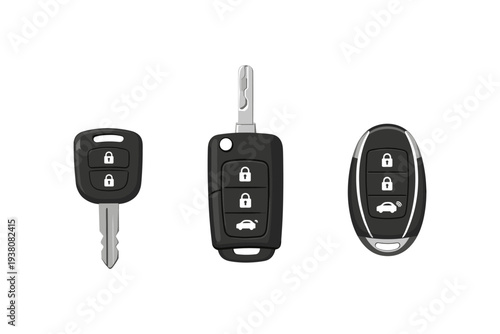 Collection of modern car keys with lock and unlock buttons and car symbols