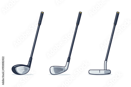 Collection of three different golf clubs including a driver, iron, and putter