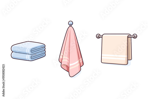 Collection of colorful towels displayed in different ways for bathroom or spa use