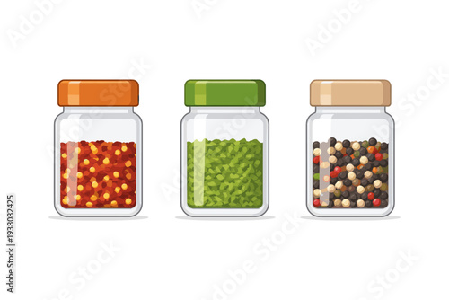 Three glass jars filled with different spices: chili flakes, herbs, and peppercorns