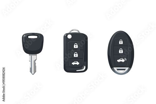 Collection of car keys, including a traditional key and two modern remote fobs