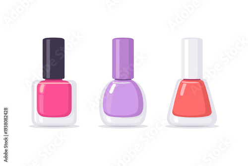 Three colorful bottles of nail polish arranged in a row on a white background