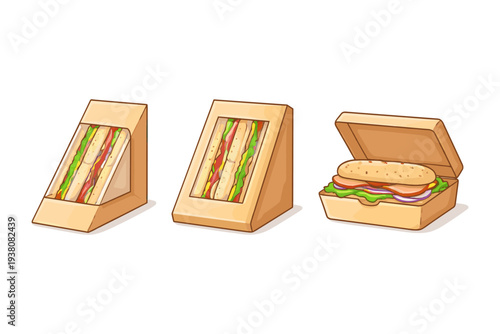 Assortment of sandwiches in takeaway packaging, including triangular and rectangular boxes